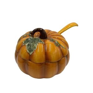 Mervyn's Ceramic Fall Pumpkin Shaped Soup Tureen Ladle Lid Green Leaves Harvest